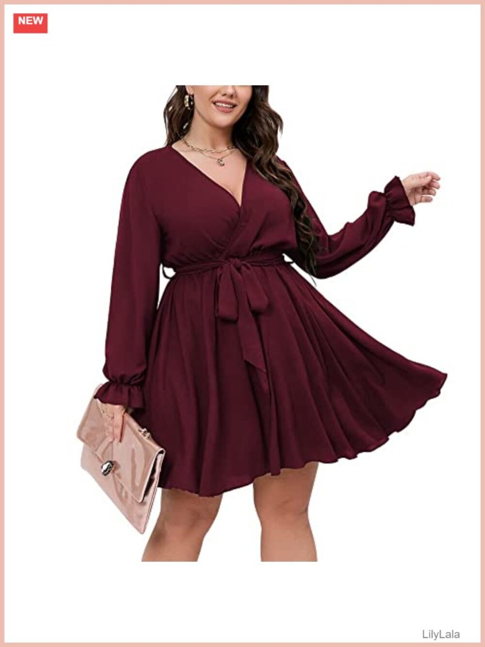 Plus Size Long Sleeve Wrap V Neck A Line Mini Dress
